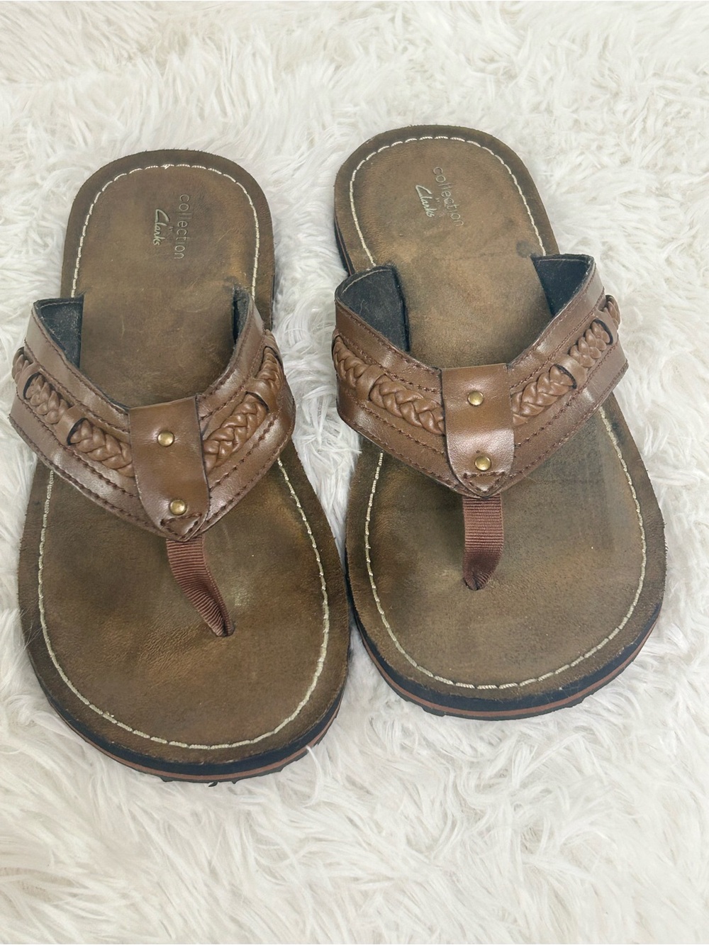 Clarks Brown Braided Leather Flip Flops Thong Sandals